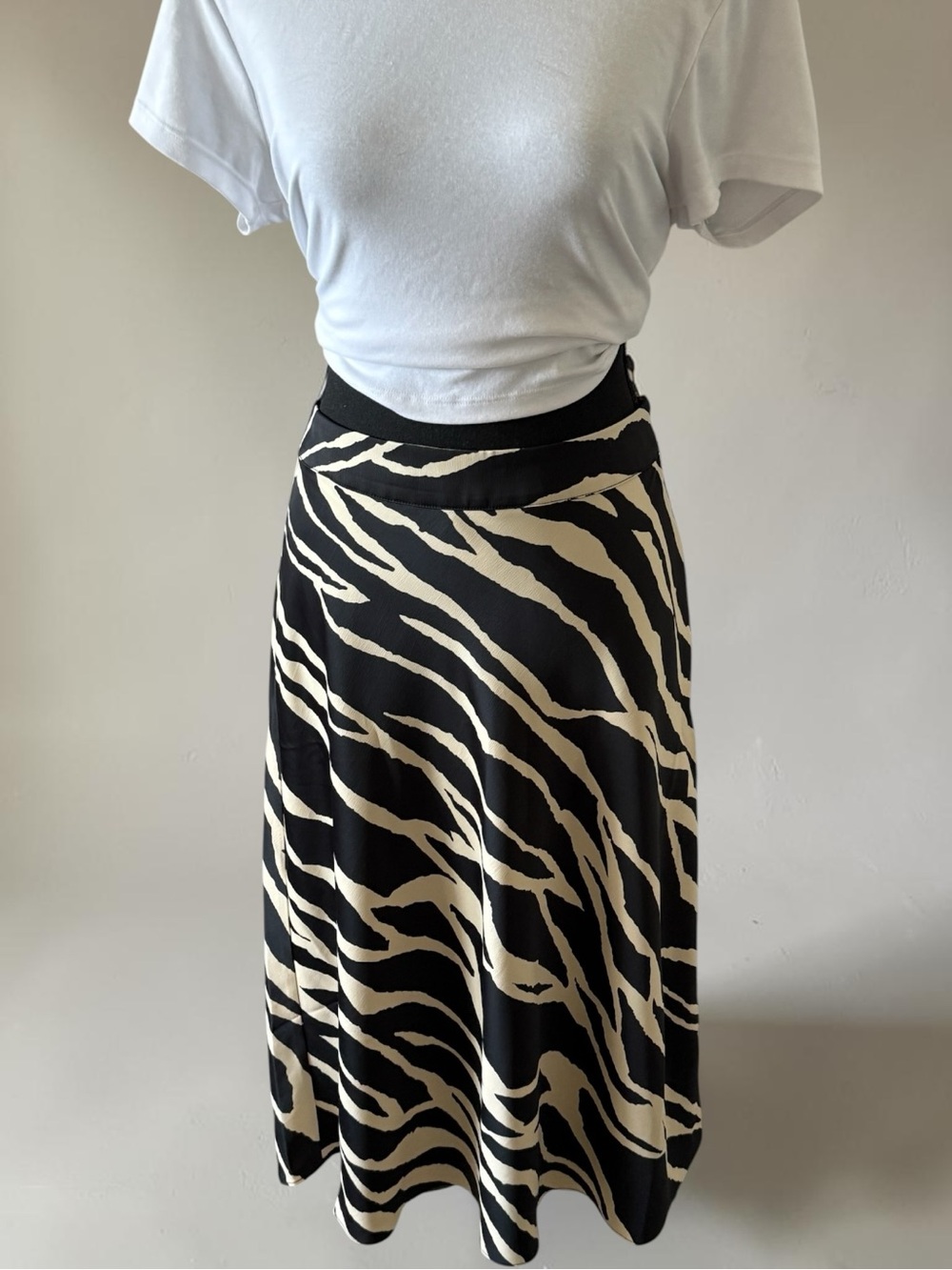 H&M Black and Cream Zebra-Print Midi Skirt